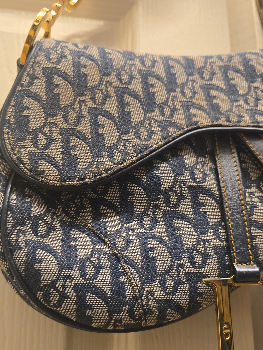 Dior Blue and Cream Saddle Shoulder Bag with Gold Hardware - Picture 14 of 17
